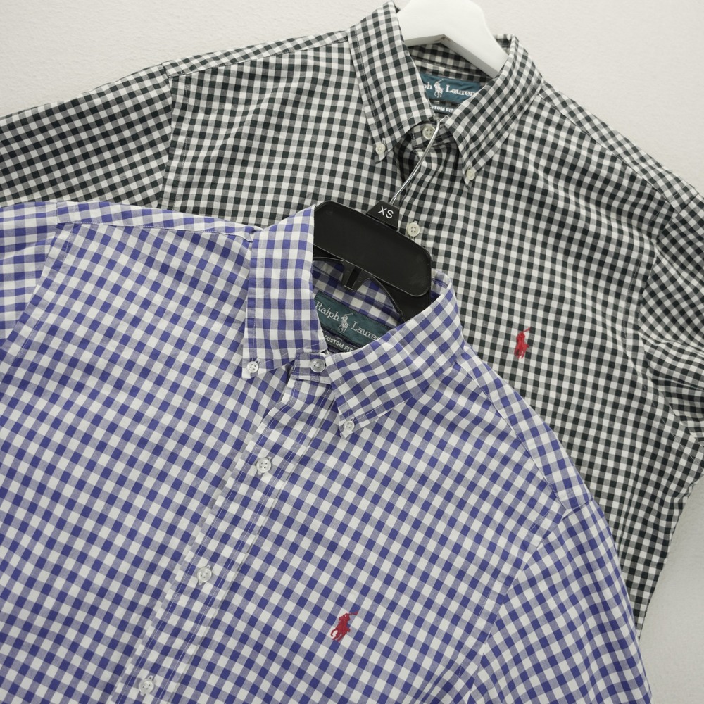 Ralph Lauren Gingham Shirts Lot of 2 Mens Medium Custom Fit Blue Black Pony Logo